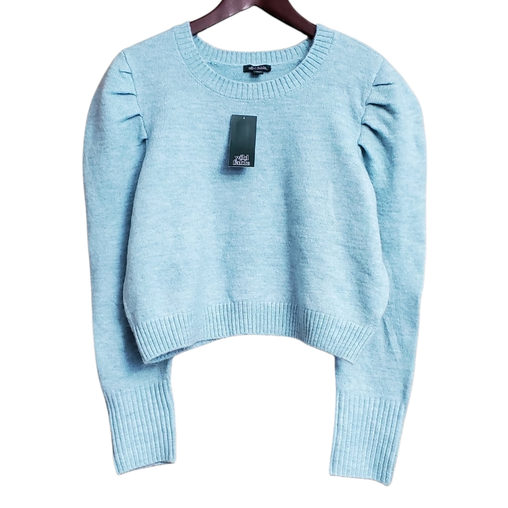 NWT Wild Fable Cropped Puff Sleeve Sweater Light Blue/Green Xlarge